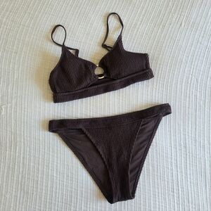 Aerie Brown Ribbed Bikini Set / Keyhole / Cheeky / Sm - M NWOT